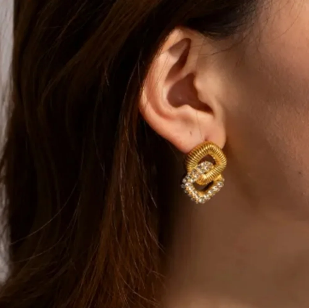 Stainless steel gold tone geometric crystal earrings new